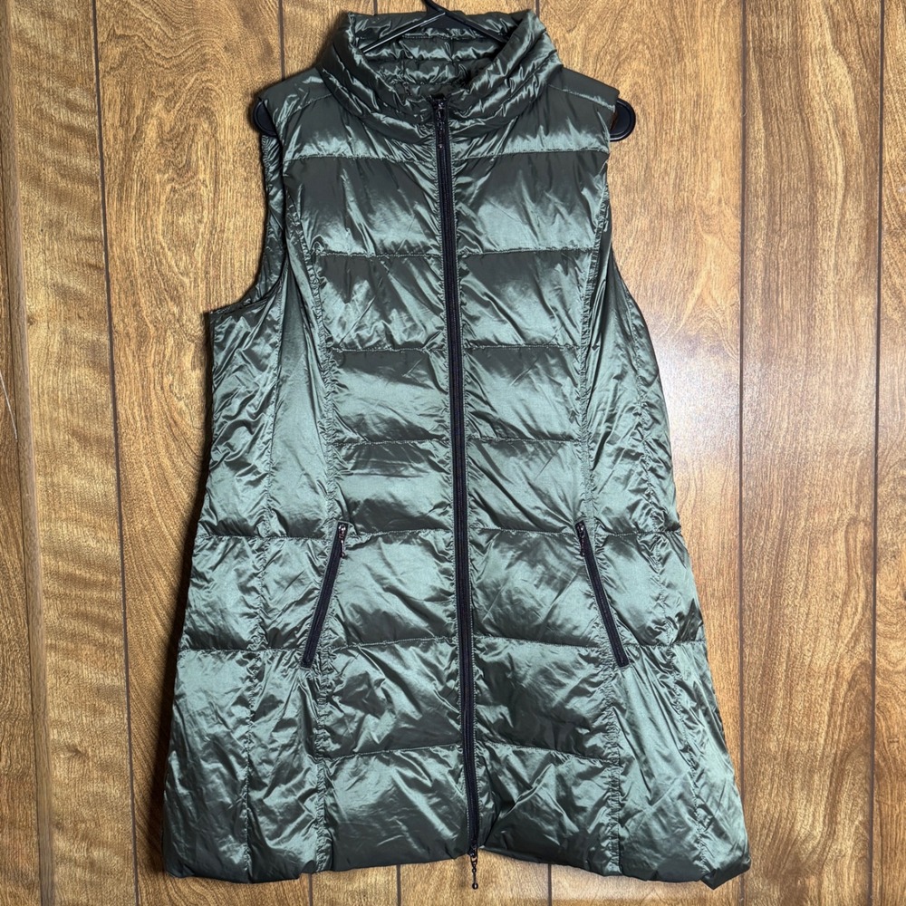 MY ANORAK Long Quilted Puffer Vest Duck Down/Feather‎ Fill w/ Pouch Bag Green XL